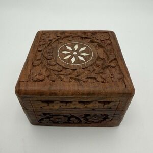 Vintage Wooden Trinket Box Jewelry Hinge Made in India Small Decor 4x4x2.5in